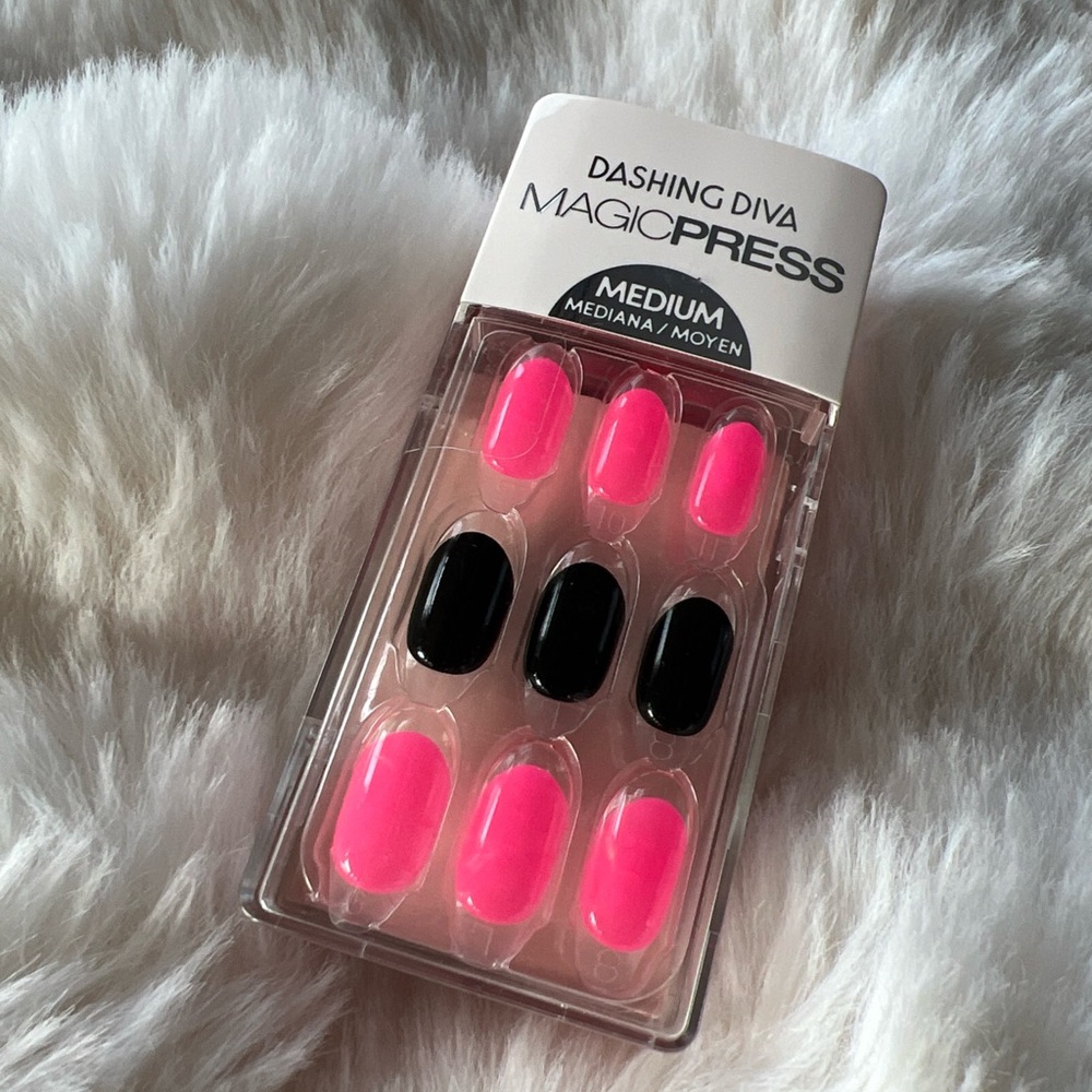 Dashing Diva MagicPress Almond Neon Pink and Black Press-on Nails